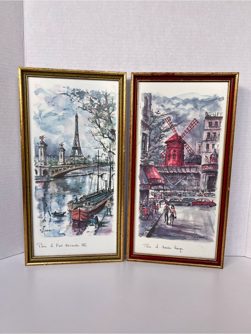 Vintage Mid Century Paris Art Prints Pair Signed Arno Moulin Rouge Eiffel Tower
